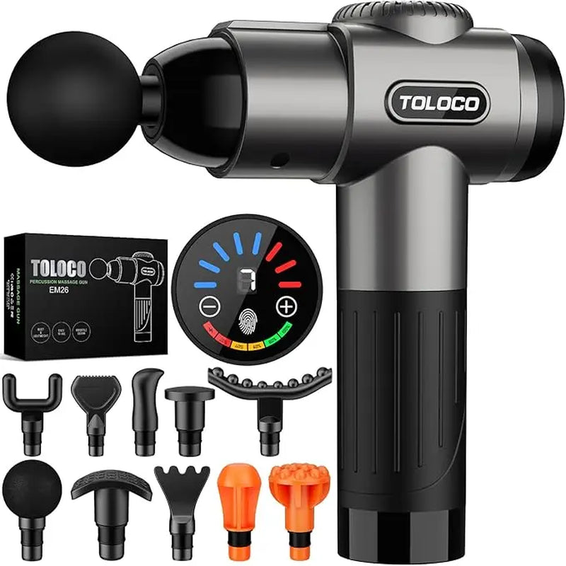 New TOLOCO Massage Gun, 10 Heads, 7 Speed Levels, Smart Touch Screen, Portable Handheld Deep Muscle Tissue Massager for Neck & Full Body Relaxing