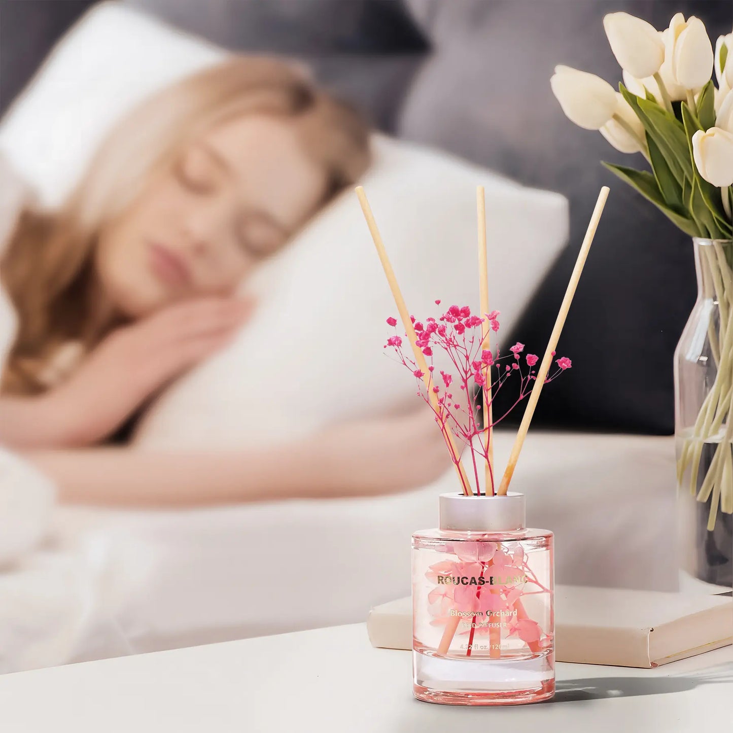 ROUCAS BLANC Reed Diffuser Set with Preserved Flowers, Room & Bathroom Decor, Premium Fragrance Oils Perfume Lavender Freshener Poang Naval Stone Extract White Boxes Christmas Christmas Haul 2024 Aromatherapy Essential Oil Gift Set Blown Diffuser