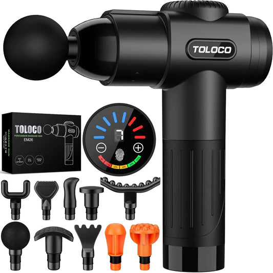 New TOLOCO Massage Gun, 10 Heads, 7 Speed Levels, Smart Touch Screen, Portable Handheld Deep Muscle Tissue Massager for Neck & Full Body Relaxing