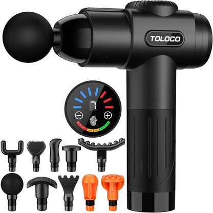 New TOLOCO Massage Gun, 10 Heads, 7 Speed Levels, Smart Touch Screen, Portable Handheld Deep Muscle Tissue Massager for Neck & Full Body Relaxing